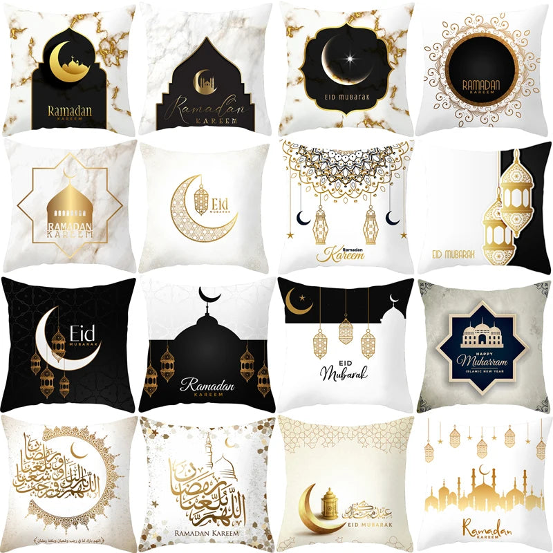 Kissenbezug aus Baumwolle, 45 x 45 cm, Ramadan 2024, Dekoration für Zuhause, Ramadan Mubarak, Eid Mubarak, islamischer Muslim, Happy Eid Moschee, Partyzubehör
