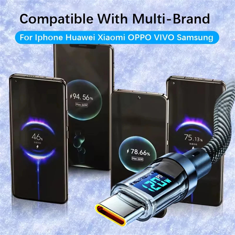 NNBILI-Câble USB Type-C vers Type-C, 120W, charge ultra rapide, avec écran LED, pour téléphone Huawei, Oppo, Vivo
