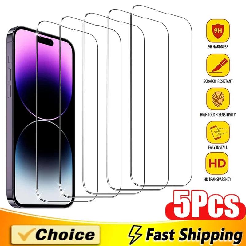 Protecteur d'écran en verre pour iPhone, verre de protection pour iPhone 15 13 11 12 14 Pro Max Mini, iPhone 16 7 8 Plus X Poly XS MAX, 5 pièces