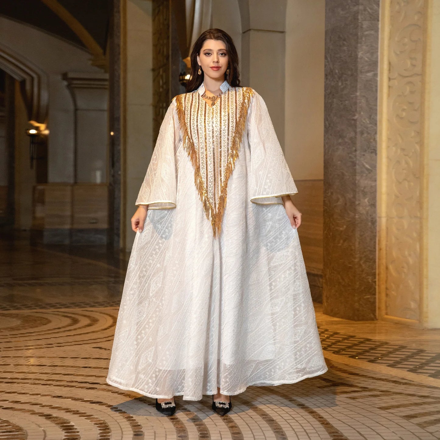Luxus Ramadan Abendkleid Frauen Stickerei Mesh Pailletten Robe