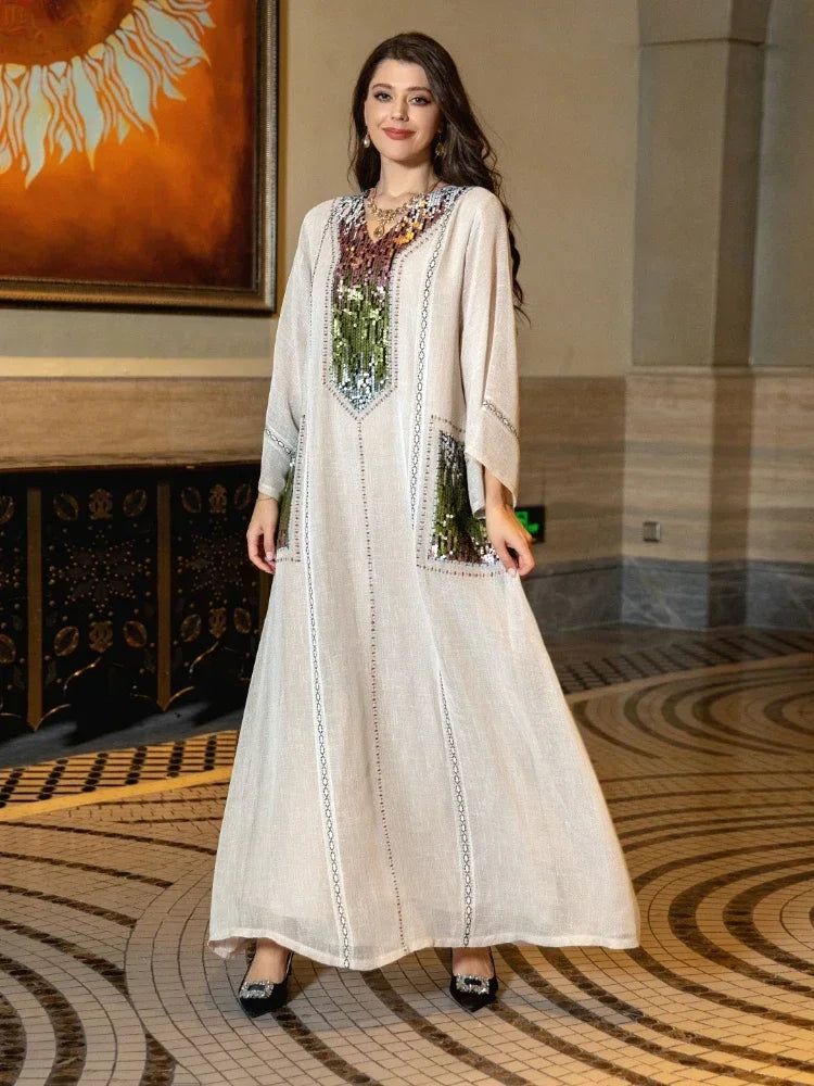 Eid-Kleid, langes Abendkleid mit muslimischen Pailletten für Frauen