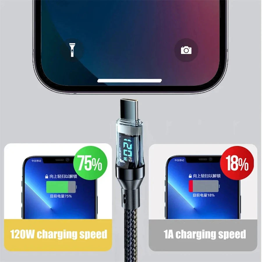 NNBILI-Câble USB Type-C vers Type-C, 120W, charge ultra rapide, avec écran LED, pour téléphone Huawei, Oppo, Vivo