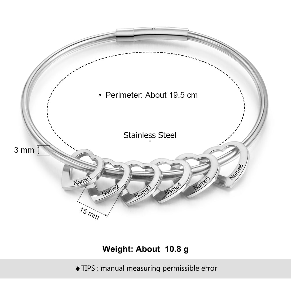 Personalisierte gravierte Namens-Herz-Charm-Armbänder für Frauen, individuelle Edelstahl-Armreifen, Muttertagsgeschenke für die Familie