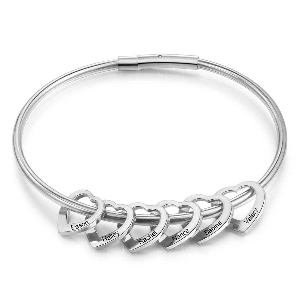 Personalisierte gravierte Namens-Herz-Charm-Armbänder für Frauen, individuelle Edelstahl-Armreifen, Muttertagsgeschenke für die Familie