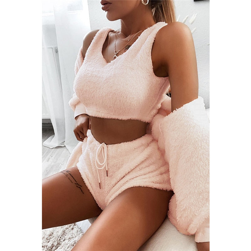 3-teiliges Set, Tank-Top, Shorts, bauchfreies Langarm-Top für Damen