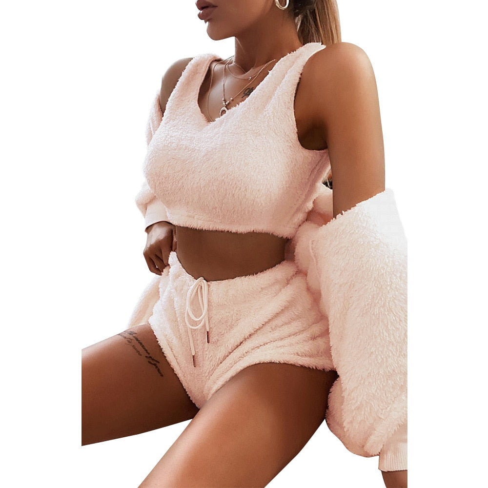 3-teiliges Set, Tank-Top, Shorts, bauchfreies Langarm-Top für Damen