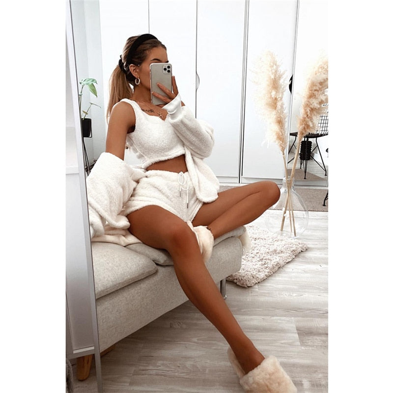 3-teiliges Set, Tank-Top, Shorts, bauchfreies Langarm-Top für Damen