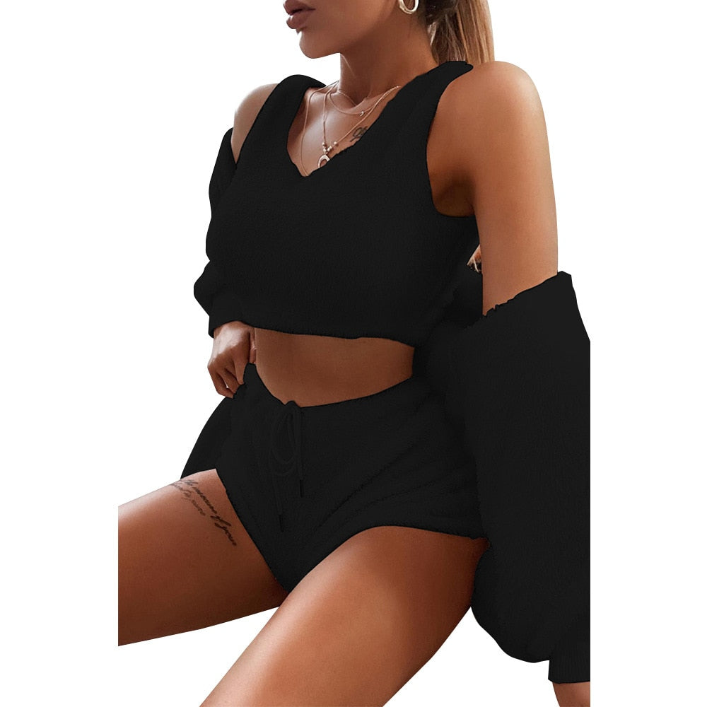 3-teiliges Set, Tank-Top, Shorts, bauchfreies Langarm-Top für Damen
