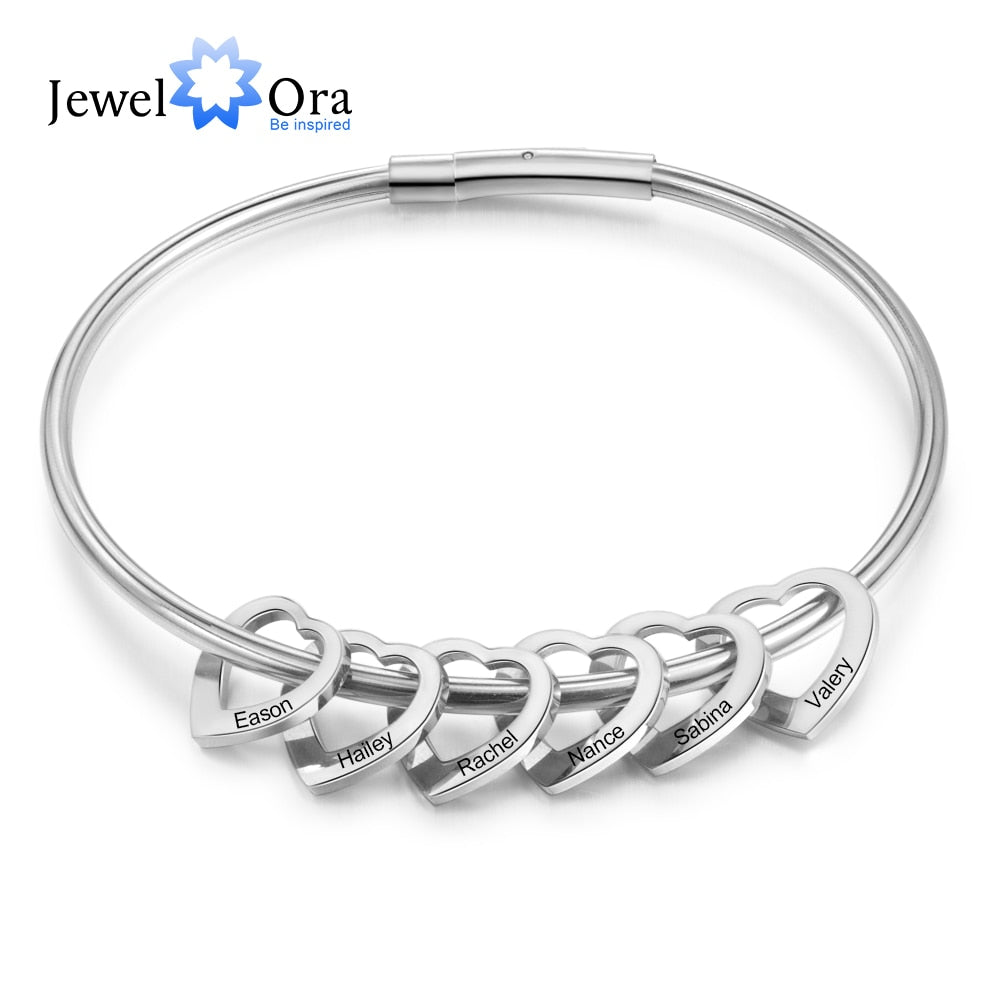 Personalisierte gravierte Namens-Herz-Charm-Armbänder für Frauen, individuelle Edelstahl-Armreifen, Muttertagsgeschenke für die Familie
