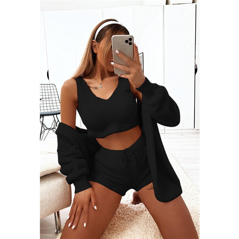3-teiliges Set, Tank-Top, Shorts, bauchfreies Langarm-Top für Damen