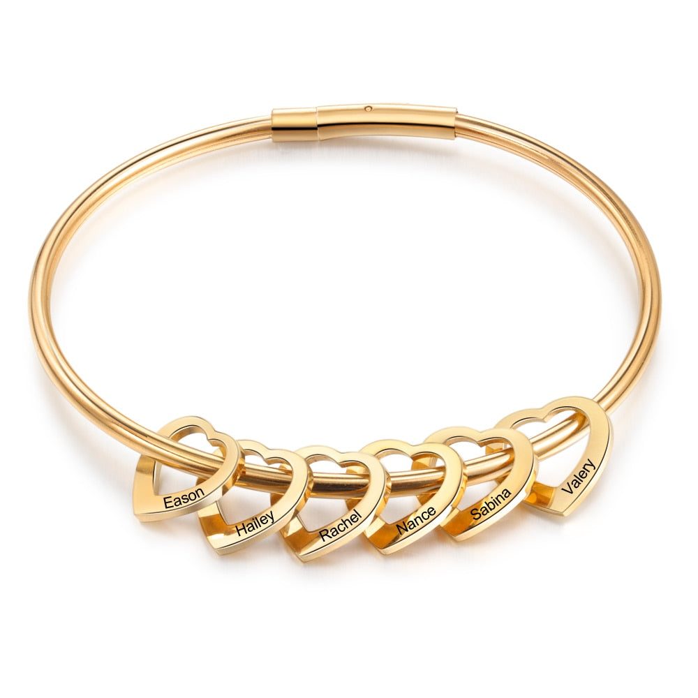 Personalisierte gravierte Namens-Herz-Charm-Armbänder für Frauen, individuelle Edelstahl-Armreifen, Muttertagsgeschenke für die Familie