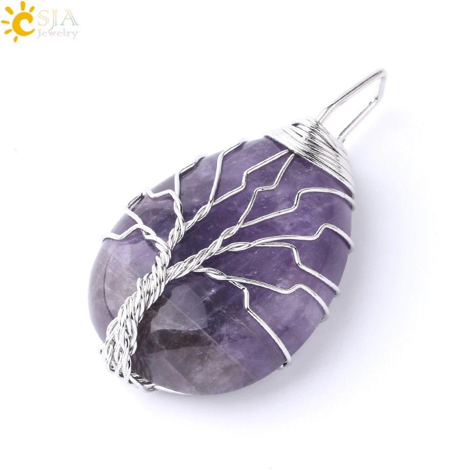 Tigerauge Baum des Lebens Kristall Halskette Naturstein Anhänger Wire Wrap Rosenkristalle Rosa Quarz Amethyst Grüner Aventurin E585