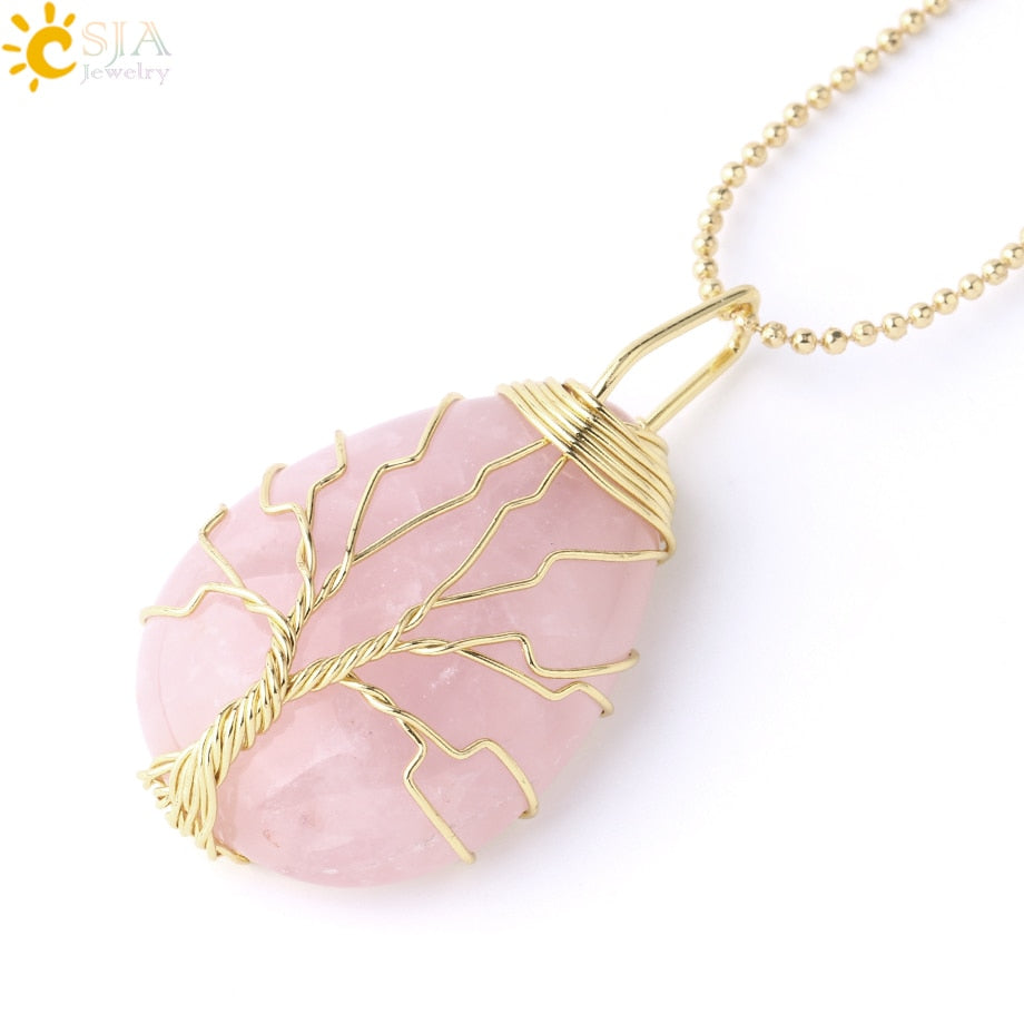 Tigerauge Baum des Lebens Kristall Halskette Naturstein Anhänger Wire Wrap Rosenkristalle Rosa Quarz Amethyst Grüner Aventurin E585