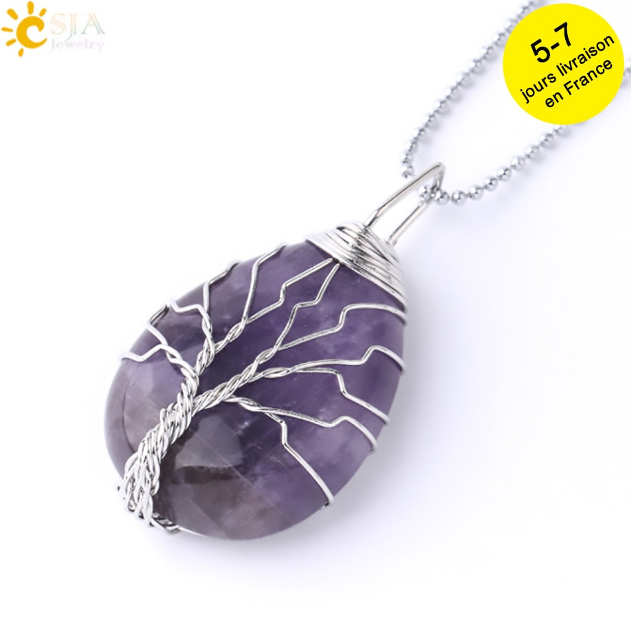 Tigerauge Baum des Lebens Kristall Halskette Naturstein Anhänger Wire Wrap Rosenkristalle Rosa Quarz Amethyst Grüner Aventurin E585