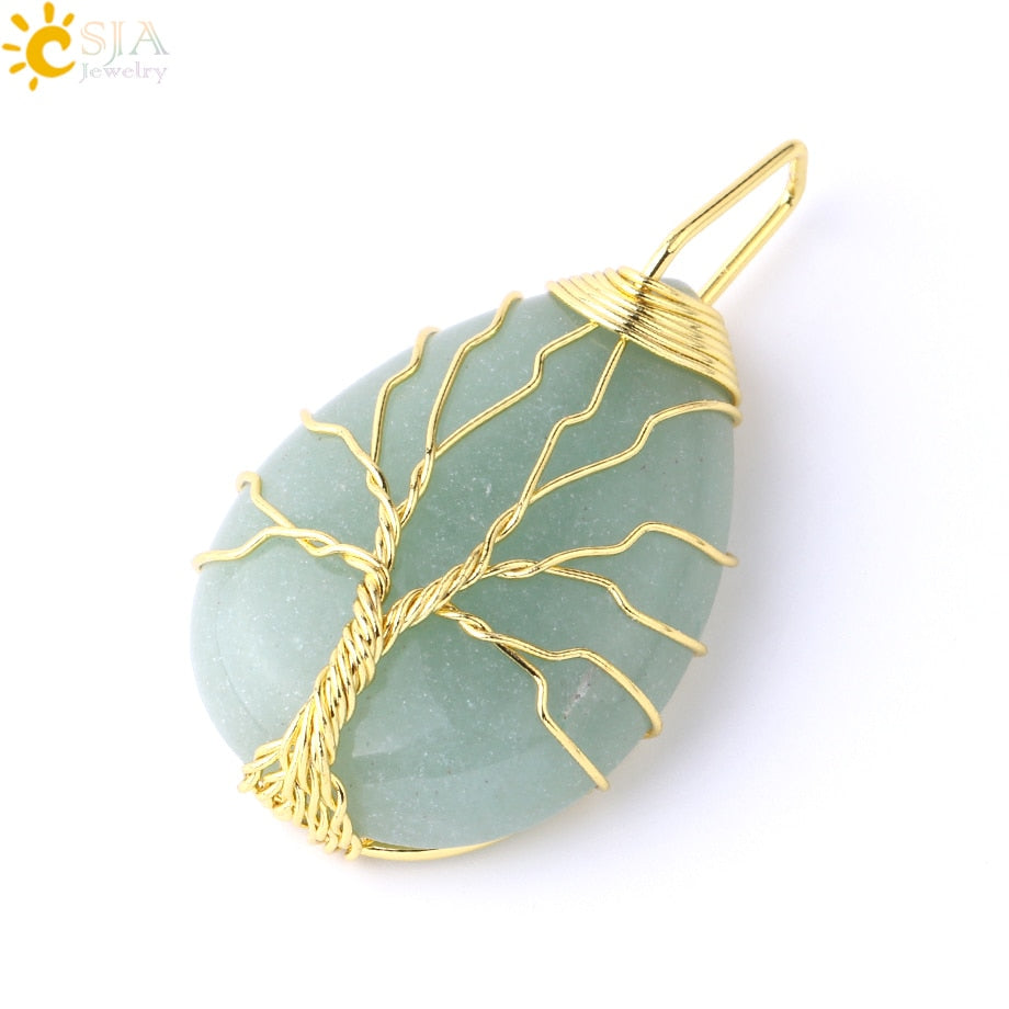 Tigerauge Baum des Lebens Kristall Halskette Naturstein Anhänger Wire Wrap Rosenkristalle Rosa Quarz Amethyst Grüner Aventurin E585