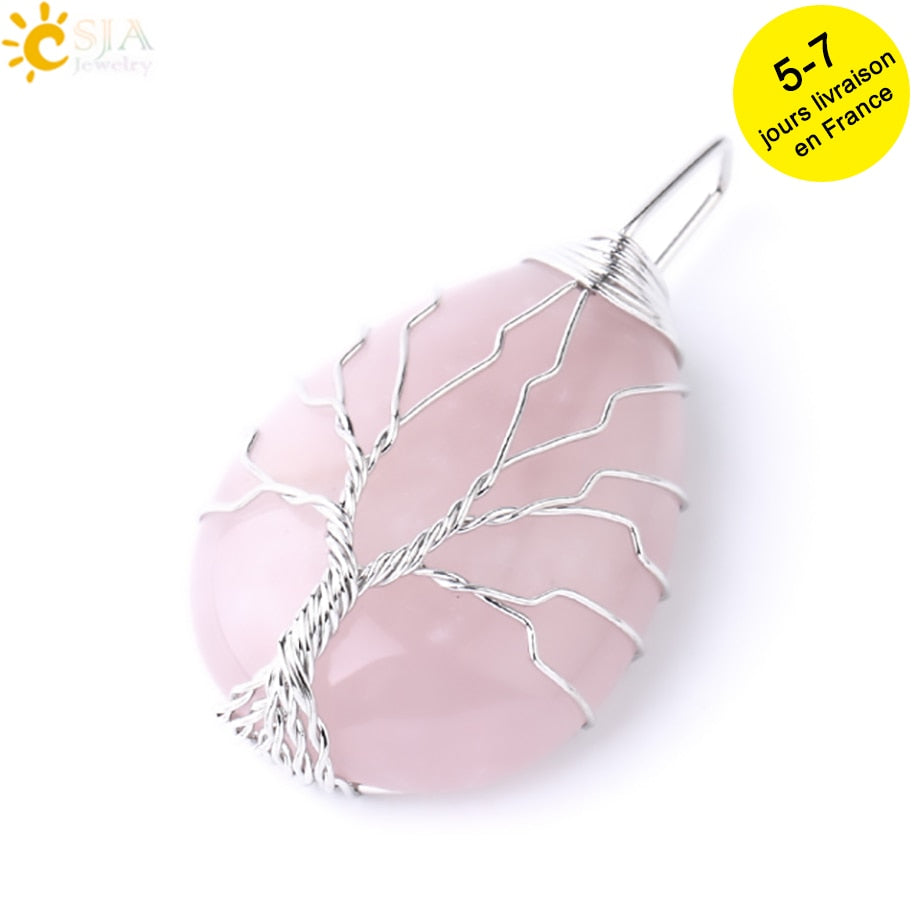 Tigerauge Baum des Lebens Kristall Halskette Naturstein Anhänger Wire Wrap Rosenkristalle Rosa Quarz Amethyst Grüner Aventurin E585