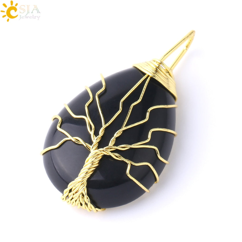 Tigerauge Baum des Lebens Kristall Halskette Naturstein Anhänger Wire Wrap Rosenkristalle Rosa Quarz Amethyst Grüner Aventurin E585