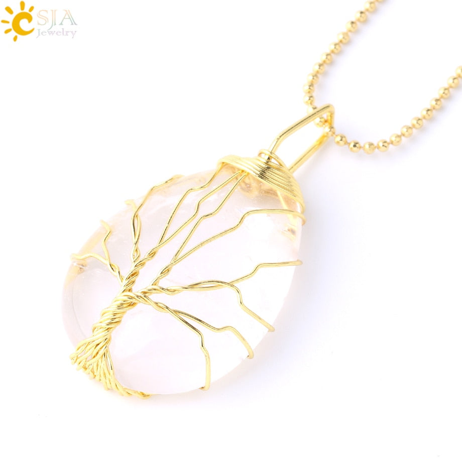 Tigerauge Baum des Lebens Kristall Halskette Naturstein Anhänger Wire Wrap Rosenkristalle Rosa Quarz Amethyst Grüner Aventurin E585
