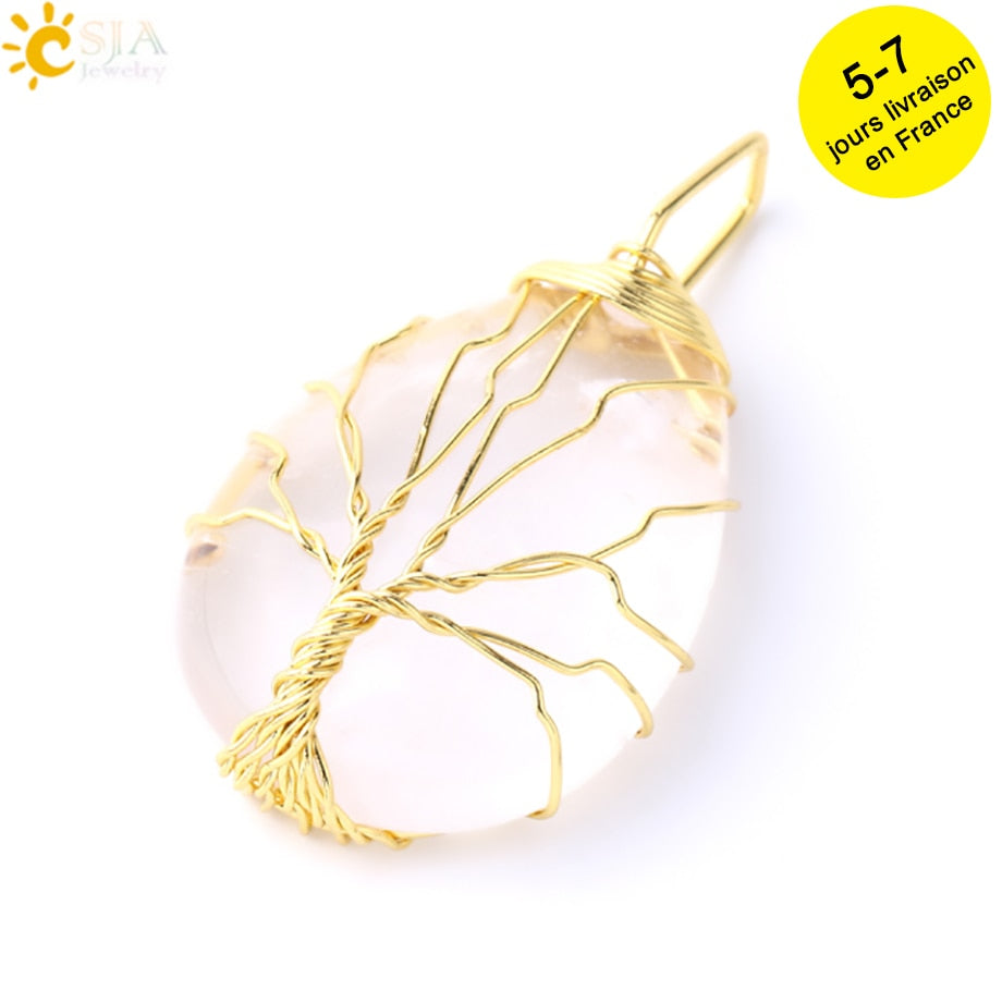Tigerauge Baum des Lebens Kristall Halskette Naturstein Anhänger Wire Wrap Rosenkristalle Rosa Quarz Amethyst Grüner Aventurin E585