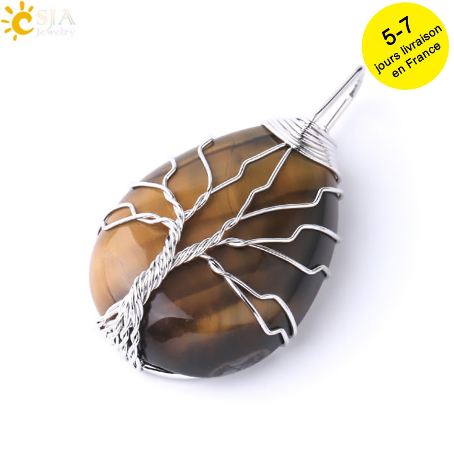 Tigerauge Baum des Lebens Kristall Halskette Naturstein Anhänger Wire Wrap Rosenkristalle Rosa Quarz Amethyst Grüner Aventurin E585