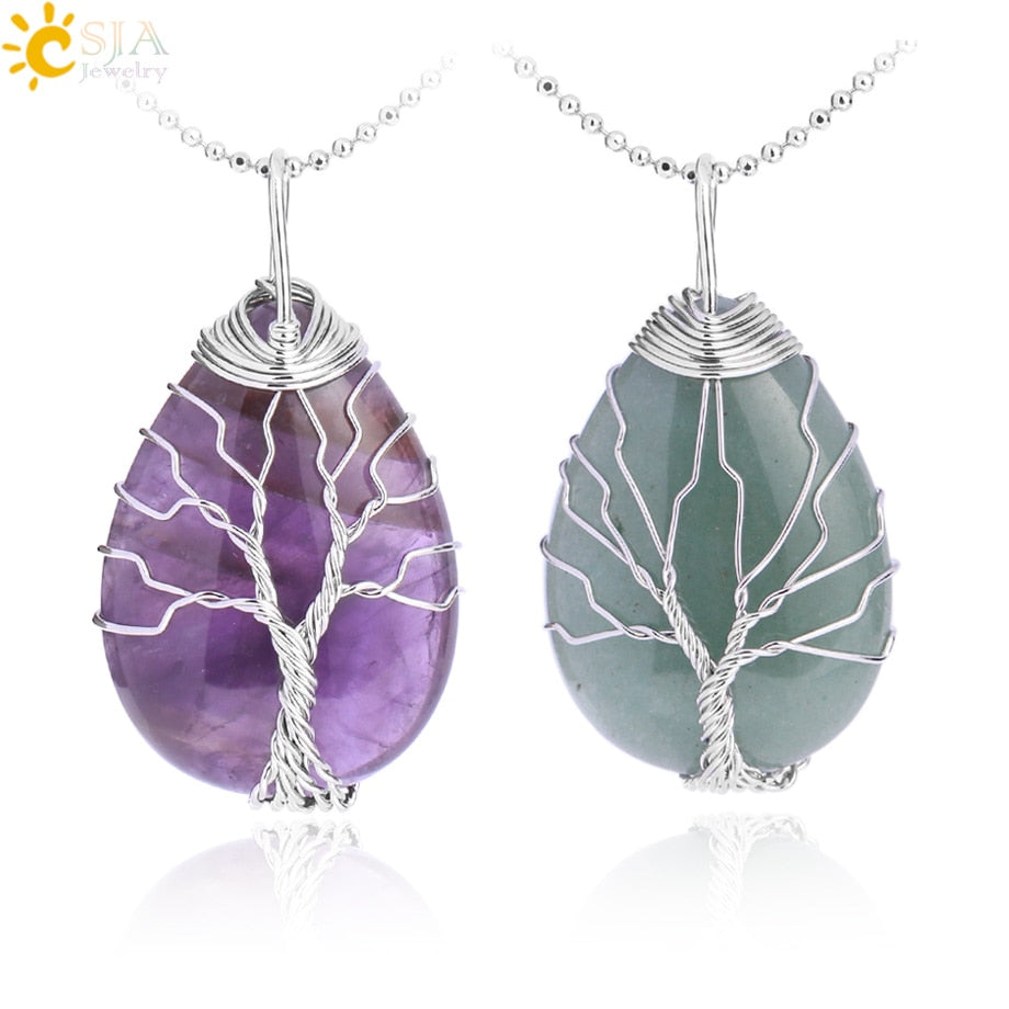 Tigerauge Baum des Lebens Kristall Halskette Naturstein Anhänger Wire Wrap Rosenkristalle Rosa Quarz Amethyst Grüner Aventurin E585