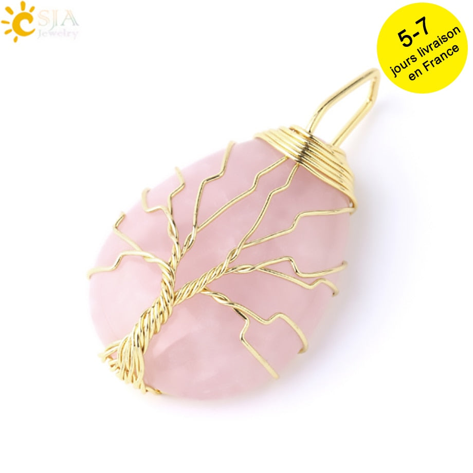 Tigerauge Baum des Lebens Kristall Halskette Naturstein Anhänger Wire Wrap Rosenkristalle Rosa Quarz Amethyst Grüner Aventurin E585