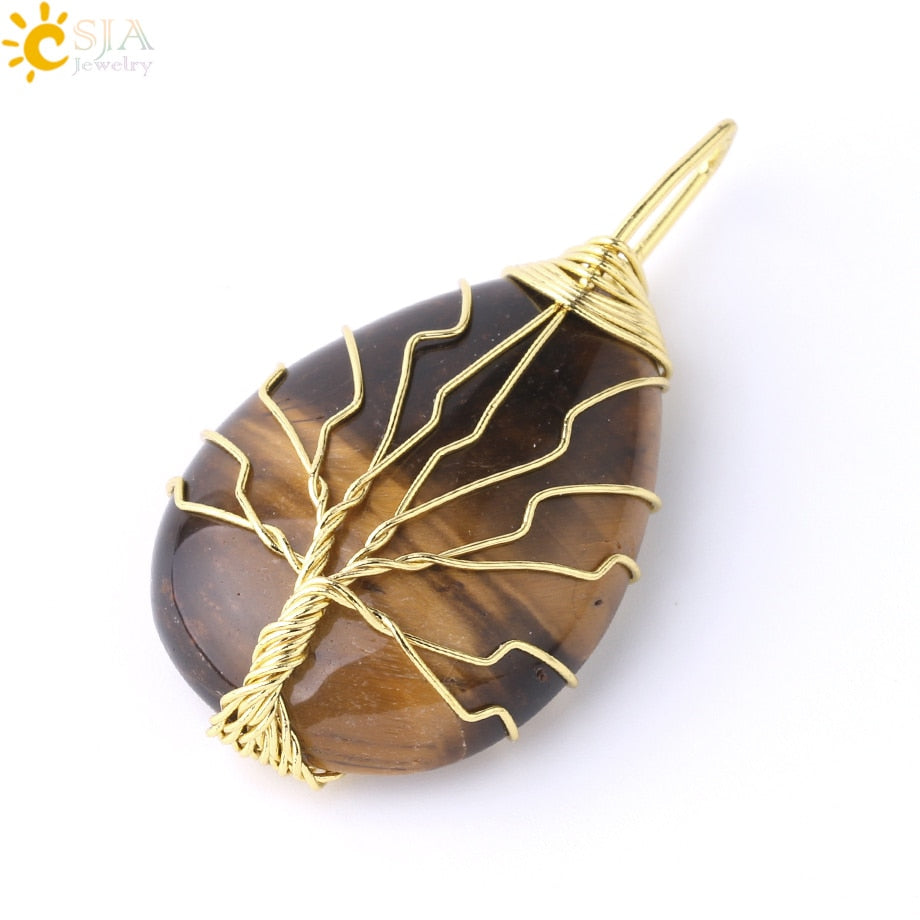 Tigerauge Baum des Lebens Kristall Halskette Naturstein Anhänger Wire Wrap Rosenkristalle Rosa Quarz Amethyst Grüner Aventurin E585