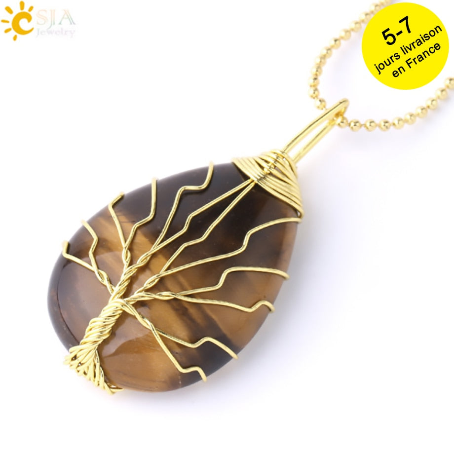 Tigerauge Baum des Lebens Kristall Halskette Naturstein Anhänger Wire Wrap Rosenkristalle Rosa Quarz Amethyst Grüner Aventurin E585
