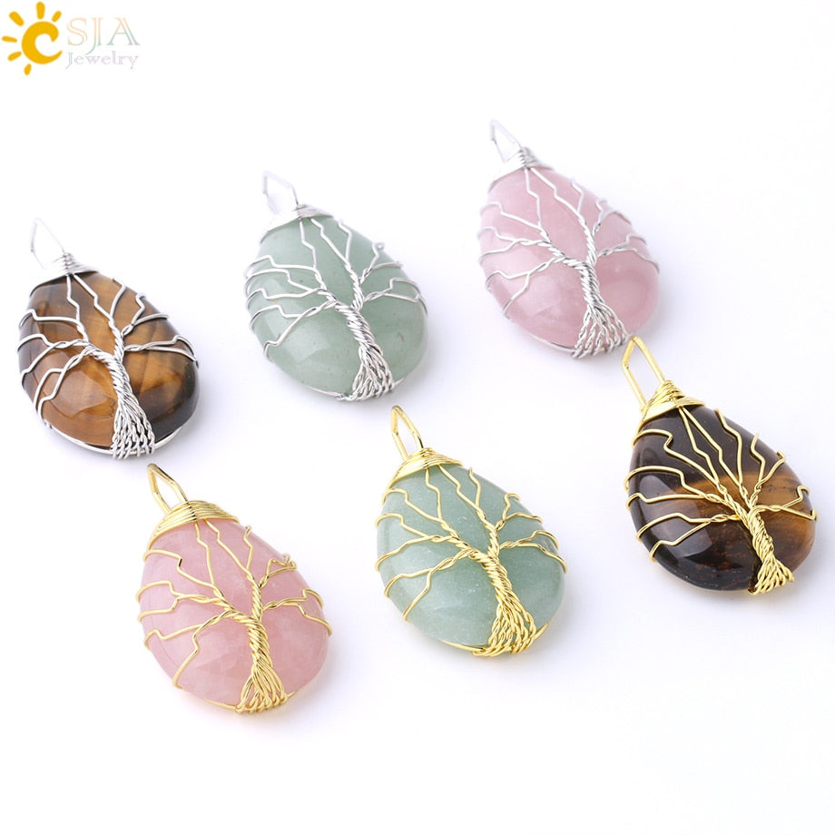 Tigerauge Baum des Lebens Kristall Halskette Naturstein Anhänger Wire Wrap Rosenkristalle Rosa Quarz Amethyst Grüner Aventurin E585