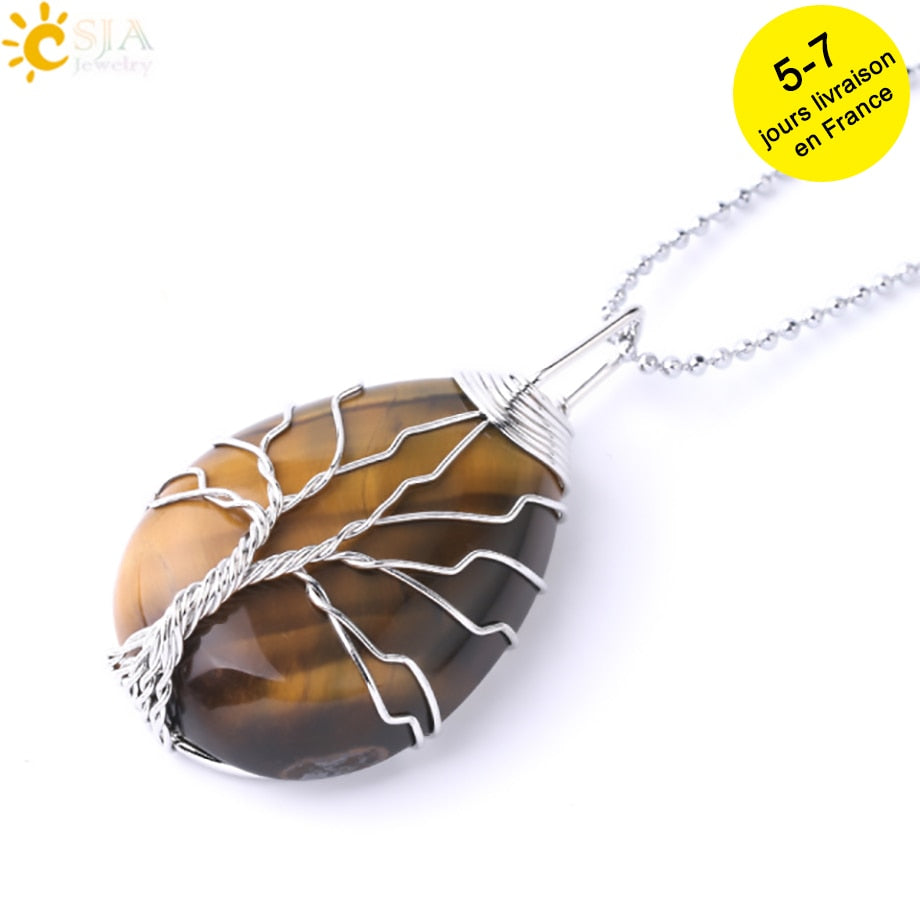 Tigerauge Baum des Lebens Kristall Halskette Naturstein Anhänger Wire Wrap Rosenkristalle Rosa Quarz Amethyst Grüner Aventurin E585
