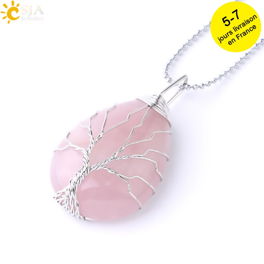 Tigerauge Baum des Lebens Kristall Halskette Naturstein Anhänger Wire Wrap Rosenkristalle Rosa Quarz Amethyst Grüner Aventurin E585