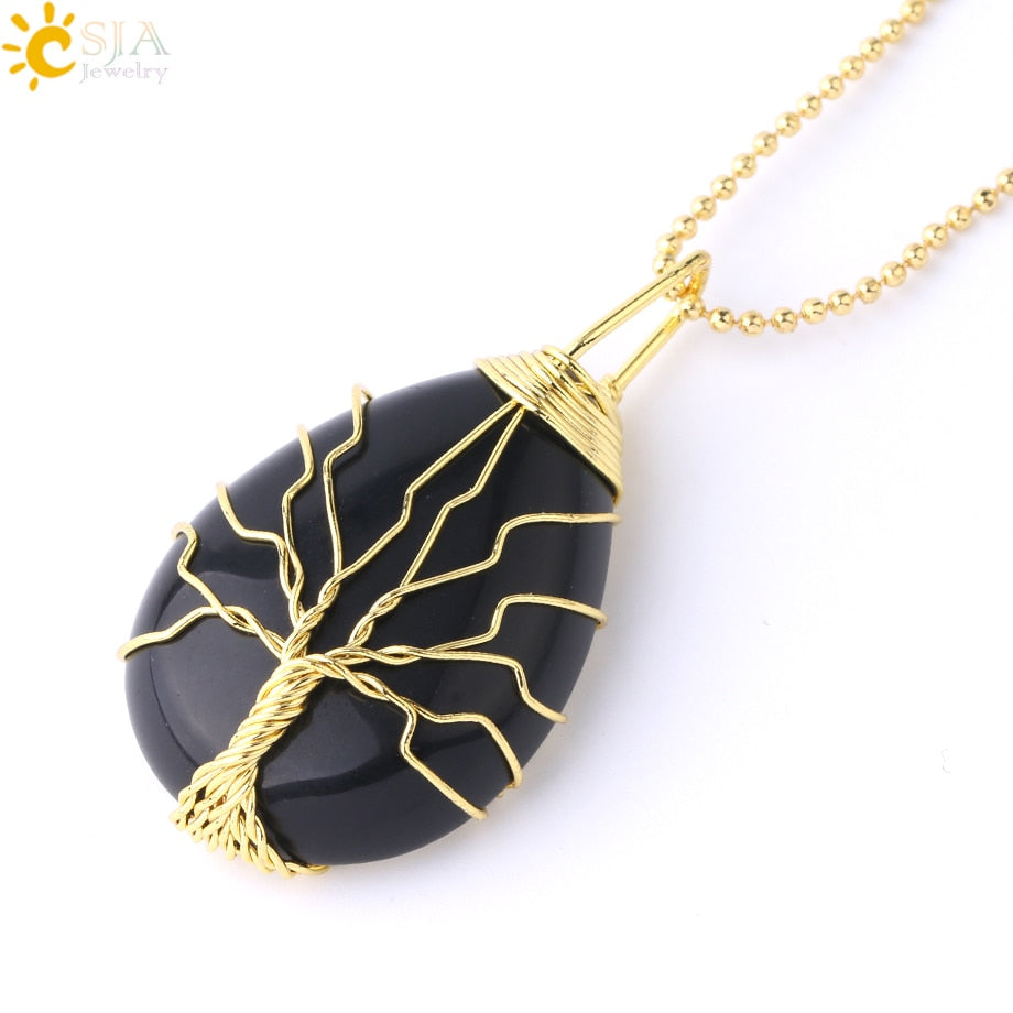 Tigerauge Baum des Lebens Kristall Halskette Naturstein Anhänger Wire Wrap Rosenkristalle Rosa Quarz Amethyst Grüner Aventurin E585