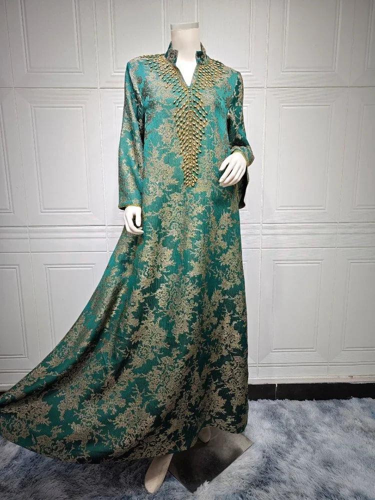 Robe de soirée musulmane pour les femmes avec perles et col montant, robe longue de Eid