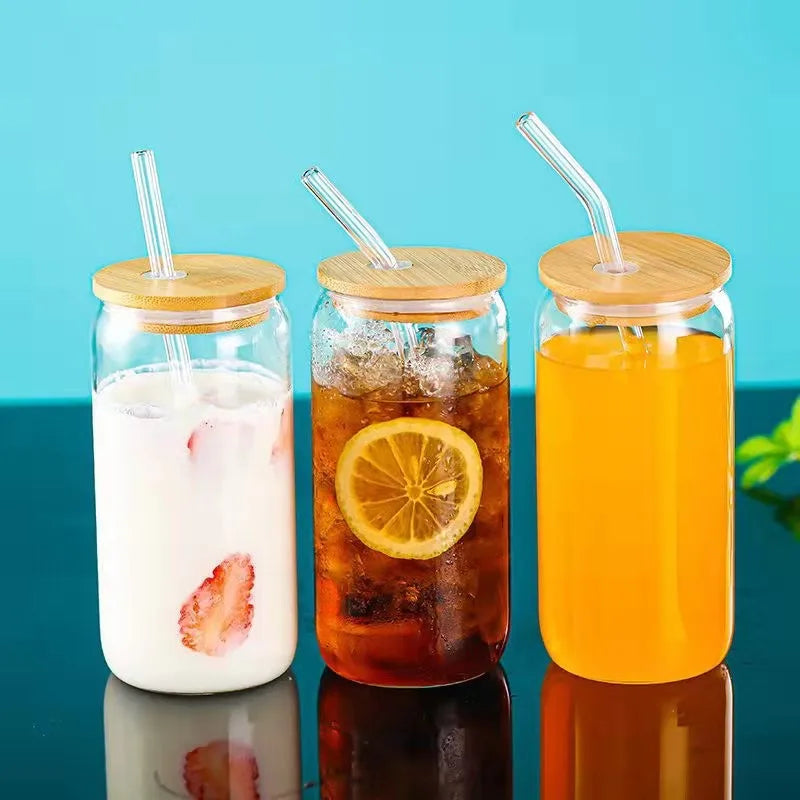 Tasse en verre transparente de petit déjeuner avec couvercle, paille et brosse, 2 pièces, 500ml