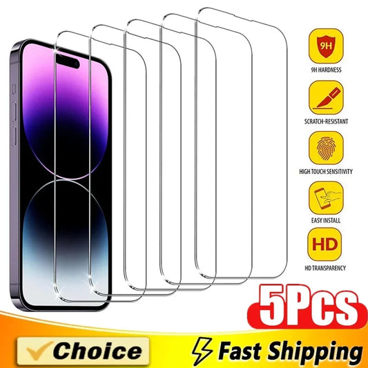 Protecteur d'écran en verre pour iPhone, verre de protection pour iPhone 15 13 11 12 14 Pro Max Mini, iPhone 16 7 8 Plus X Poly XS MAX, 5 pièces