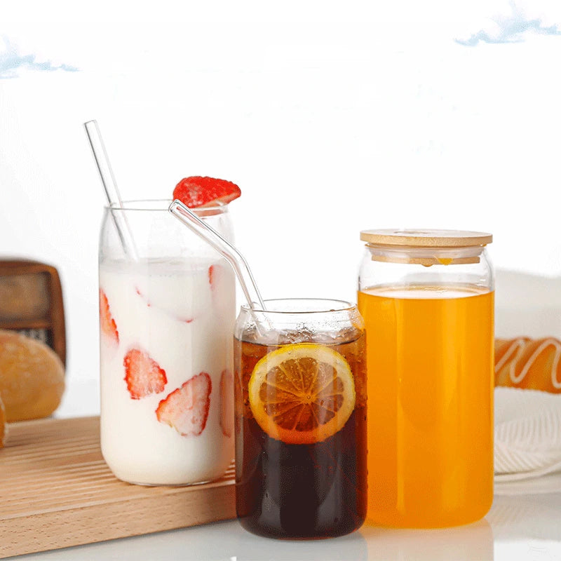 Tasse en verre transparente de petit déjeuner avec couvercle, paille et brosse, 2 pièces, 500ml