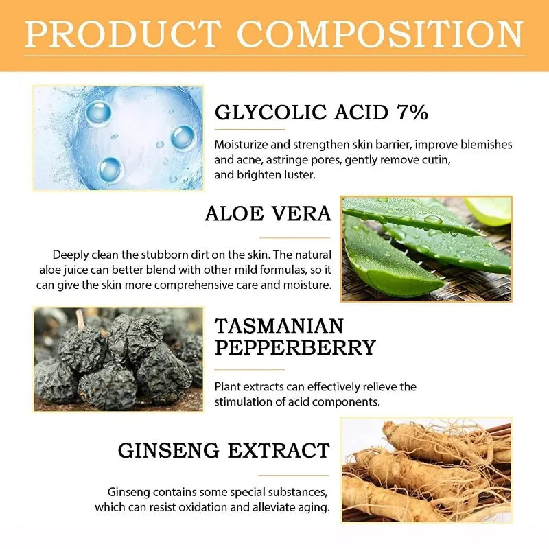 Solution tonifiante à l'acide glycolique 7%, pour éliminer l'acné, hydrate la peau, Lotion rajeunissante, tonique exfoliant au ton acide glycolique doux