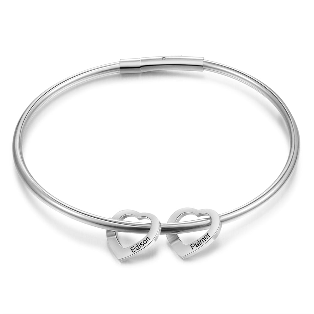 Personalized Engraved Name Heart Charm Bracelets for Women Customized Stainless Steel Bangles Mothers Day Gifts for Family