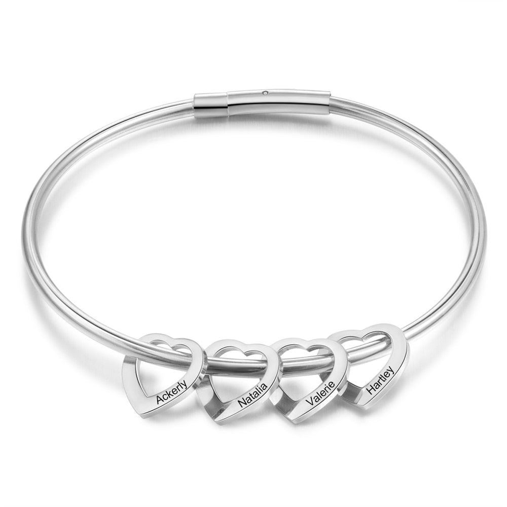 Personalized Engraved Name Heart Charm Bracelets for Women Customized Stainless Steel Bangles Mothers Day Gifts for Family