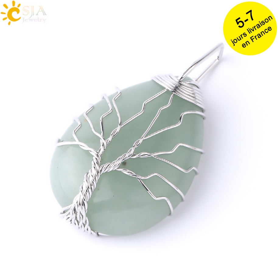 Collier en cristal, pendentif en pierre naturelle, enveloppe de fil, Aventurine verte E585